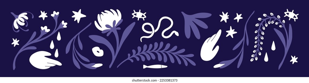 Esoteric abstract design elements, fancy decorative flowers, leaf set. Modern mysterious mystic magic decorations. Whimsical enigmatic ornamental collection. Isolated flat vector illustrations