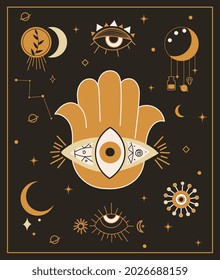 Esoteric abstract poster. Hamsa Hands with mystical and occult hand drawn symbols like triple goddess moon, pentacle, evil eye. Cartoon modern flat vector illustration isolated on black background