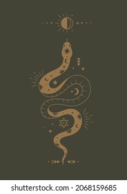 Esoteric abstract poster. Minimalistic mystical banner with snake, moon, sun and magical attributes. Design element for cover and postcard. Predicting future or fate. Cartoon flat vector illustration