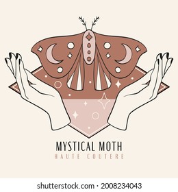 Esoteric alchemy mystical magic poster. Woman hands, , butterfly, moth, star elements, sacred geometry. Spiritual talisman, occultism objects. Vector illustration, logo, pastel colors