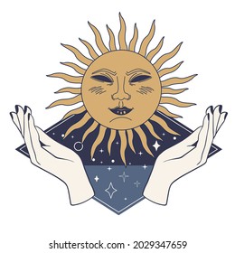 Esoteric alchemy mystical magic poster. Woman hand, sun, star elements, sacred geometry. Spiritual talisman, occultism objects. Vector illustration, logo, blue colors