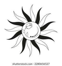 Esoterische Alchimie mystisches Magisches Poster. Sonne, Blume, Blumenelemente. Spiritueller Talisman, Tattoo. Boho Illustration