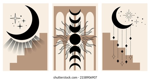 Esoteric alchemy mystical magic posters set. Sun, moon, stars, floral elements, sacred geometry. Spiritual talisman, occult objects. Vector illustration, pastel colors.