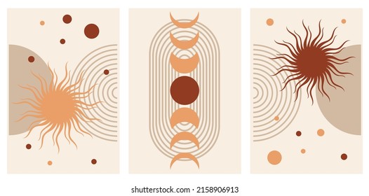 Esoteric alchemy mystical magic posters set. Sun, moon, stars, floral elements, sacred geometry. Spiritual talisman, occult objects. Vector illustration, pastel colors.