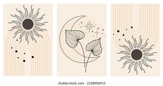 Esoteric alchemy mystical magic posters set. Sun, moon, stars, floral elements, sacred geometry. Spiritual talisman, occult objects. Vector illustration, pastel colors.