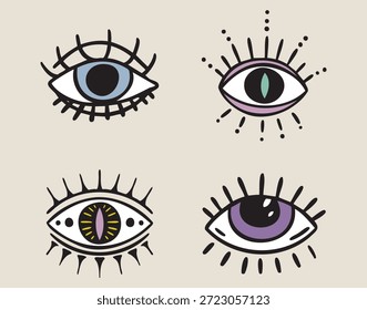 Esotérico todos vendo olhos definidos, olhos estampados místicos, boho místico bruxo estilo desenhado à mão. Ilustração vetorial.