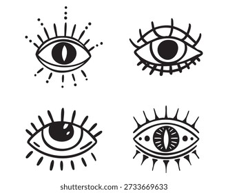 Esoteric all seeing eyes set, mystical patterned eyes, monochrome line art hand drawn style. Vector illustration.