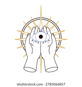 Esoteric all-seeing eye in hands. Occult magic mystical sacred symbol of clairvoyance, mystery, providence. Enlightenment, vision concept. Flat vector illustration isolated on white background