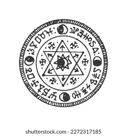 Esoteric amulet, mandala, magic talisman isolated circle magic pentagram sketch. Vector mystery mason or freemason amulet, esoteric emblem