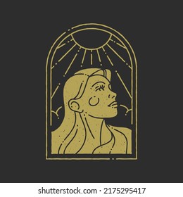 Esoteric antique woman in golden frame with sun beams minimalist elegant decorative design grunge texture vector illustration. Ancient female historic goddess symbol of harmony balance mindfulness