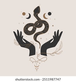 Esoteric art with a snake moon and open hands.Mystical conceptual design with a wriggling snake, crescent moon and female hands with botanical elements in boho style.Magic vector illustration