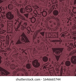 Esoteric astronomy symbols in seamless pattern, vector illustration. Hand drawn icons, isolated graphic signs of zodiac, destiny prediction symbols. Astrology and alchemy, magic signs and runes