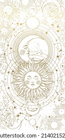 Esoteric banner for astrology, astronomy, tarot. The magical device of the universe, the golden sun and moon on a white space background. Vintage vector illustration, story background.