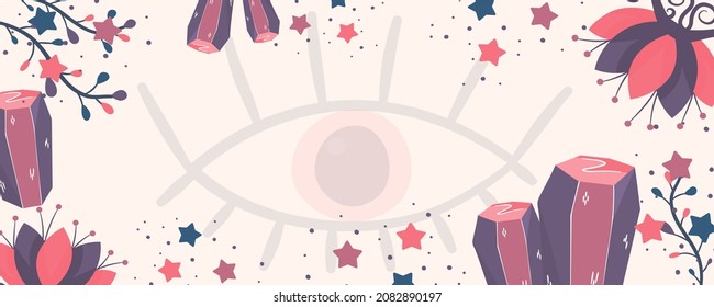 Banner estotérico con el ojo de la omnisciencia y cristales en un fondo claro. Estrellas, flores y piedras. Ilustración vectorial de la pancarta mística.