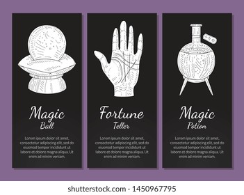 Esoteric Banners Templates Set, Magic Ball, Fortune Teller, Magic Potion, Philosophic, Occult, Mystical Symbols Monochrome Hand Drawn Vector Illustration