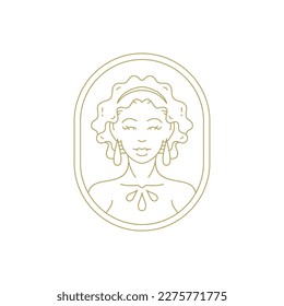 Esoteric beauty woman fashion hair skin care line art deco vintage logo vector illustration. Mystic female portrait frame wellness boutique cosmetology spa shop store coiffure hairdressing golden icon