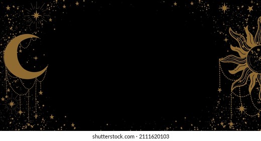 Banner de boho sotérico, sol dorado y luna con decoraciones y estrellas en un fondo negro nocturno. Tarjeta para tarot, astrología, yoga, bruja. Ilustración vectorial moderna con espacio de copia.