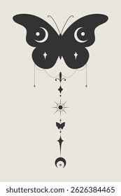 Esoteric boho butterfly symbol decorated with celestial elements. Vector illustration