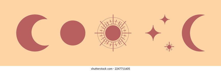 Esoteric Boho Celestial Symbols Elements. Simple Moon, Sun and Stars on Beige Background.
