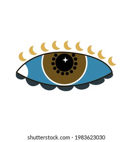 Esoteric Boho eye icon with moon and star shape. Vector cartoon illustration isolated on white