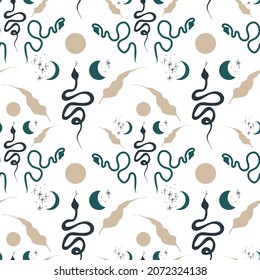 Esoteric boho symbols seamless pattern - snakes with moon phases on white background. Flat vector hand drawn