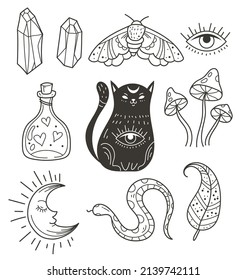 Esoteric boho witch hand drawn design element set collection