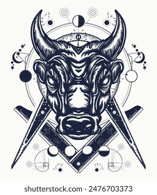 Esoteric bull. Alchemy, medieval religion, occultism, spirituality art. Masonic symbol of power, tattoo and t-shirt design