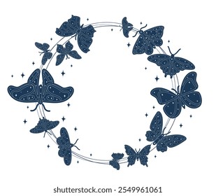 Esoteric butterflies frame. Black butterflies with stars and constellations. Magic and mysticism, sorcery, occultism. Poster or banner. Flat vector illustration isolated on white background