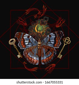 Esoteric butterfly, magic moon and golden keys. Occult art. Alchemy concept. Dark gothic template for clothes, textile, t-shirt design 