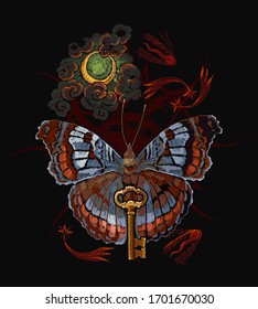 Esoteric butterfly, magic moon and golden keys. Dark gothic template for clothes, textile, t-shirt design. Occult art. Alchemy concept 