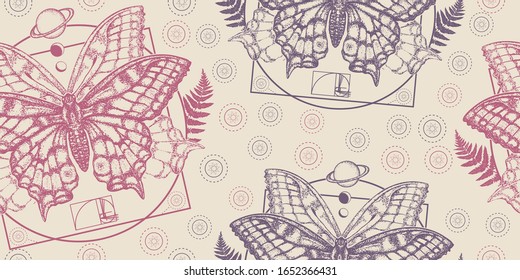 Esoteric butterfly. Seamless pattern. Packing old paper, scrapbooking style. Vintage background. Medieval manuscript, engraving art. Symbol of magic, renaissance, travel