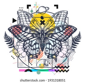 Esoteric butterfly. Symbol of magic, renaissance. Zine culture concept. Hand drawn vector glitch tattoo, contemporary  cyberpunk collage. Vaporwave art. Surreal pop culture style 