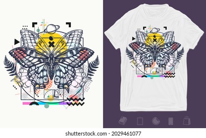 Esoteric butterfly. Symbol of magic, renaissance. Zine culture concept. Hand drawn vector glitch tattoo, contemporary cyberpunk collage. T-shirt design. Creative print for clothes. Template for poster