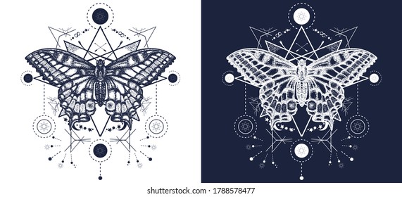 Esoteric butterfly tattoo geometrical style. Beautiful Swallowtail boho t-shirt design. Mystical magic symbol of freedom, travel, tourism. Black and white vector graphics 