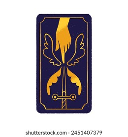 Esoteric card back with frame. Ace of swords. Dark tarot with gold hand, wings, blade. Design of magic, spiritual wallpaper. Astrology concept. Providence, occult poster. Flat vector illustration