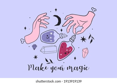Esoteric card with hands and bottles of potion. Vector graphics.
