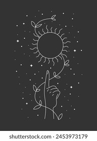 Esoteric celestial summer solstice sun sign levitate over woman hand with foliage. Mystic equinox holiday linear symbol. Spirituality tattoo outline logo. Boho summertime style eps logotype