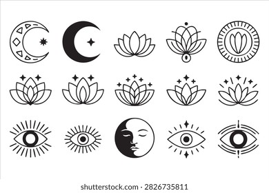 Esoteric celestial symbols with eye sun and lotus minimal vector icon set