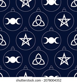 Esoteric christmas seamless pattern with pagan symbol. Sign triquetra, pentagram, triple moon in balls. Merry christmas, witches. Mystical design for print wrapping paper, fabric.Vector illustration