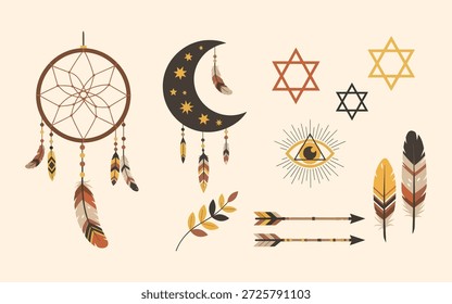 Colección esotérica con intrincados atrapasueños, fases lunares, ojos místicos y plumas.