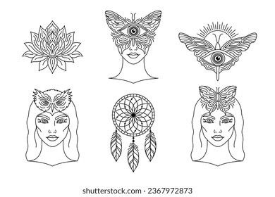 Esoteric collection in line art style. Witches, dream catcher, third eyes, mystic butterfly. Perfect for creating designs for cards,logos,tattoos, websites, or mystical merchandise.