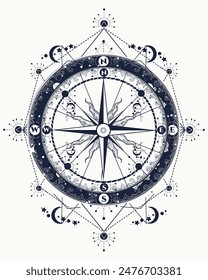 Esoteric compass tattoo. Sacred geometry symbol of outdoors, travel, tourism, dreams, inspiration. T-shirt design art