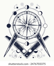 Esoteric compass. Travel, adventure, spirituality art. Symbol of outdoors, tattoo and t-shirt design