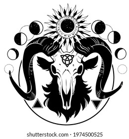 esoteric composition of a goat's skull, sun and moons