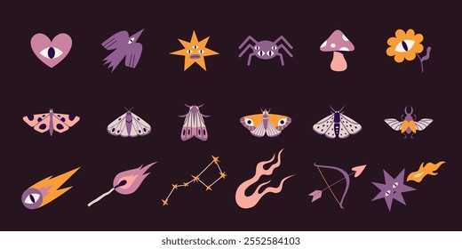 Esoteric concept, Bohemian magic set, withcore aesthetic. Mystical Spiritual Astrology elements and Folk insects. Trendy modern vector illustration, hand drawn, flat design