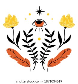 Esoteric concept illustration. Flat mystic plants, magic eye and doodles. Boho abstract tatoo, card, poster with witch symbols. Hand drawn template for card, t-shirt print. Black, yellow and orange