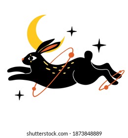 Esoteric concept illustration. Flat mystic hare (rabbit), moon and doodles. Boho abstract tatoo, card, poster with witch symbols. Hand drawn template for card, t-shirt print. Black, yellow and orange