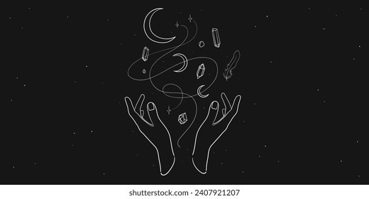 Esoteric crescent moon line drawing with woman hands and mystical celestial magic witchcraft elements on black background. Set of Magic art symbol out
