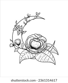 Esoteric crescent moon, peony rose, leaves flower Outline Illustration Set. Hand Painted Doodle Flowers. Perfect for wedding invitations, bridal shower and floral greeting cards. Black and white