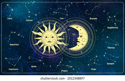 Luna de media luna y sol esotérico con luna sobre fondo de constelación zodiaca. Banner mágico para astrología, adivinación, magia, taro, patrón, fondo de pantalla. Vector